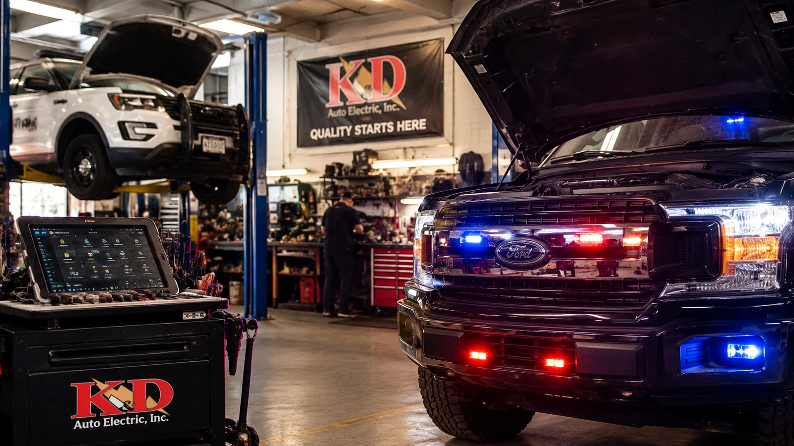 Illustration of a busy auto electrical repair workshop with vehicles and diagnostic equipment