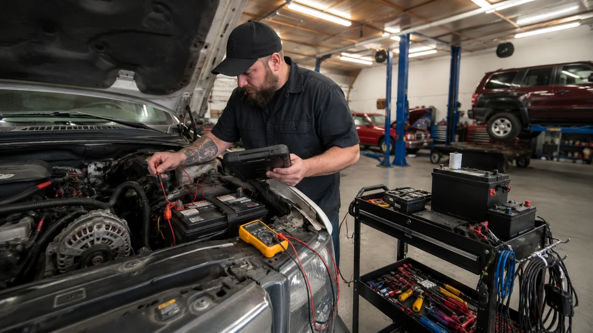 Technician testing a vehicle battery and charging system with a multimeter and diagnostic tablet