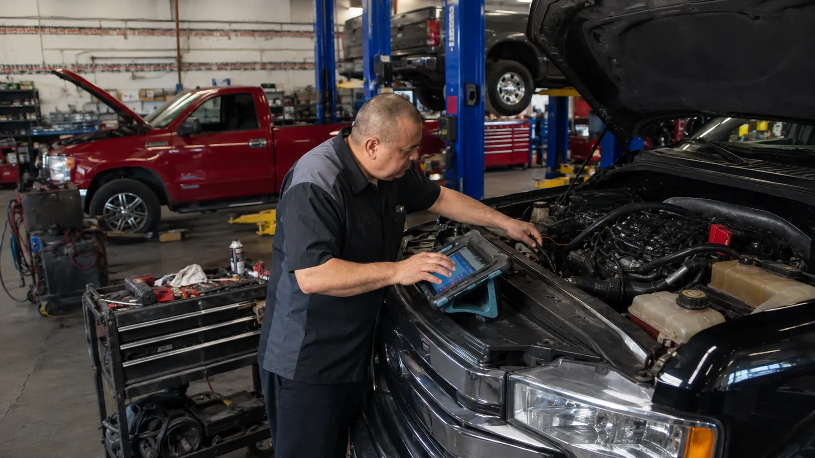 Technician performing automotive diagnostics and repair in the K&D shop