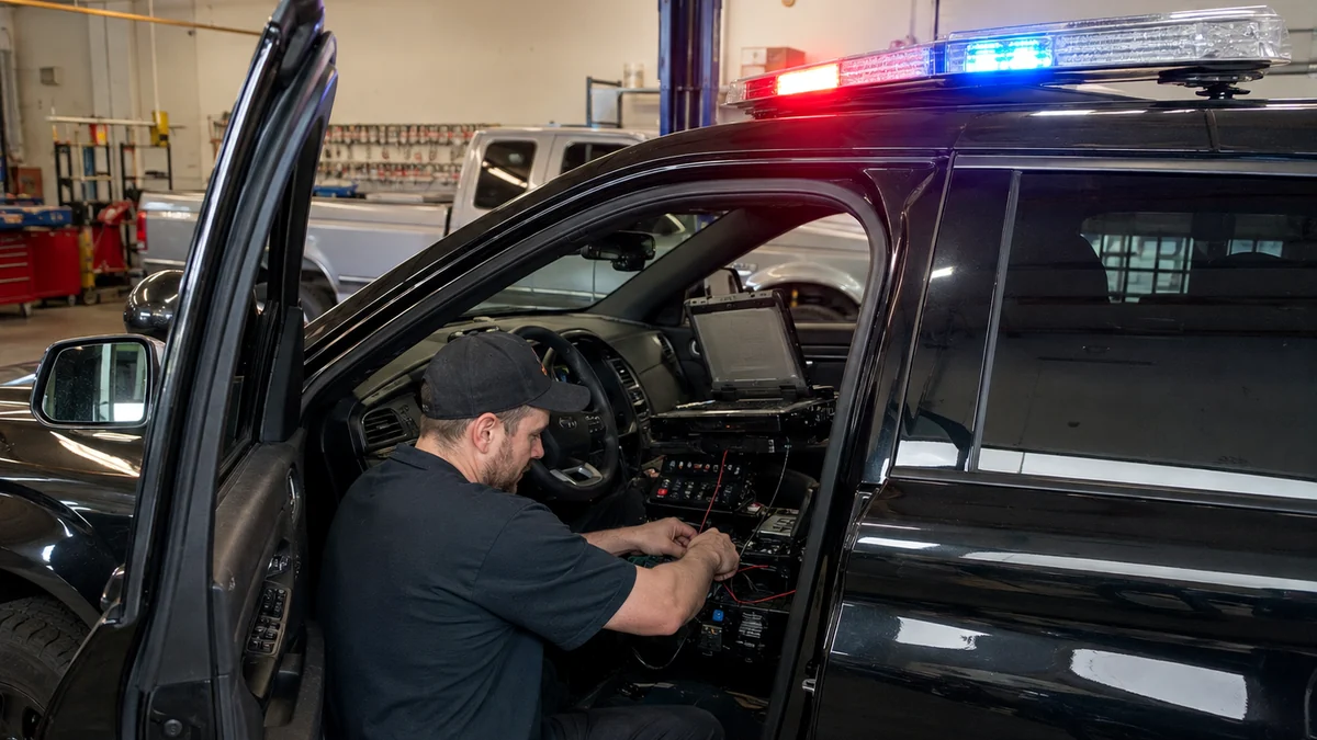 Illustration of a technician installing emergency lighting and electrical equipment in a police-style SUV