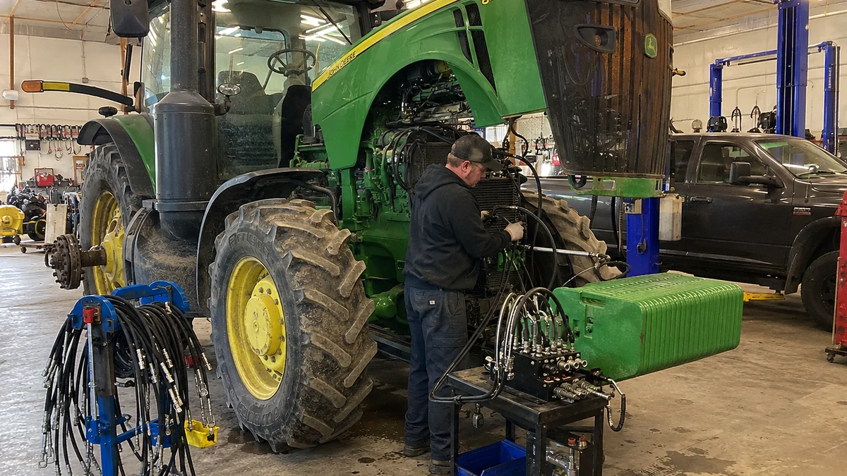 Illustration of a technician repairing a farm tractor and hydraulic systems in a workshop
