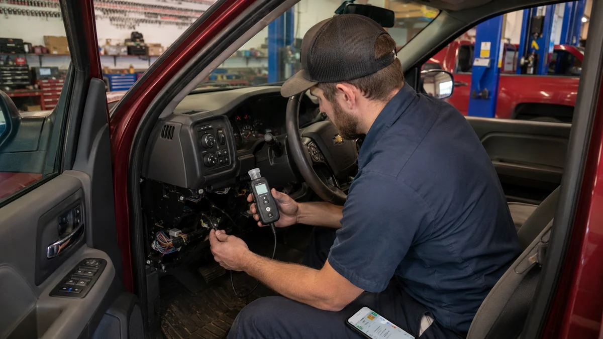 Technician installing and testing an ignition interlock device beneath a vehicle dashboard